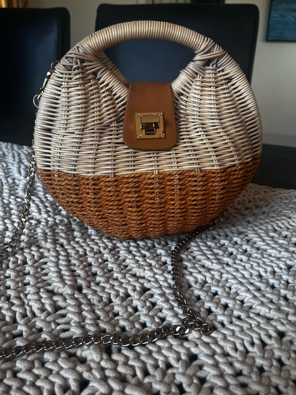 ZARA Wicker Handbag with Long Gold Chain